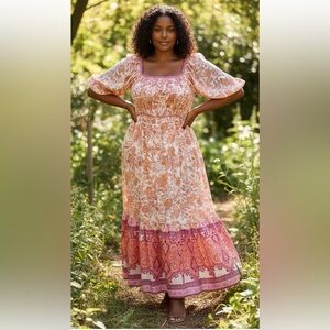 Secret Mission Pink Floral Maxi Dress M Tiered Boho Romantic Cottagecore Resort